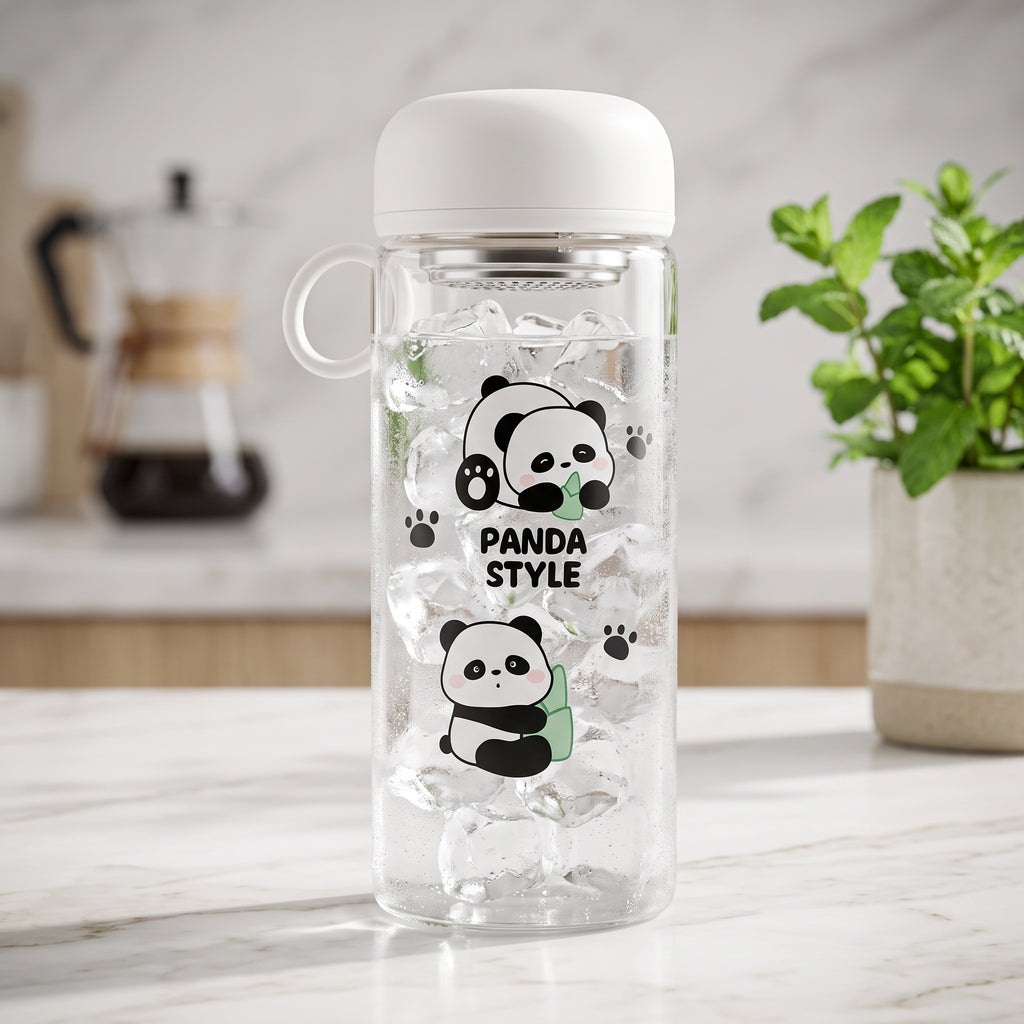 🐼 Light Pink Cute Panda Glass Water Bottle