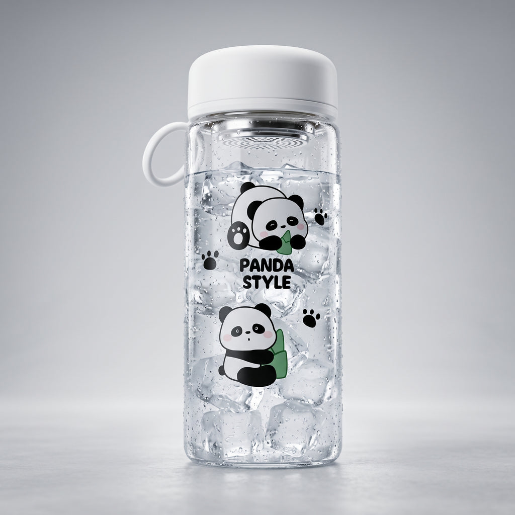 🐼 Light Pink Cute Panda Glass Water Bottle