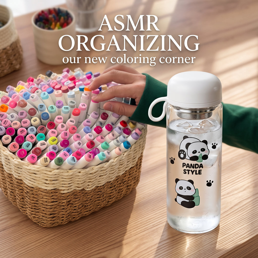 🐼 Light Pink Cute Panda Glass Water Bottle