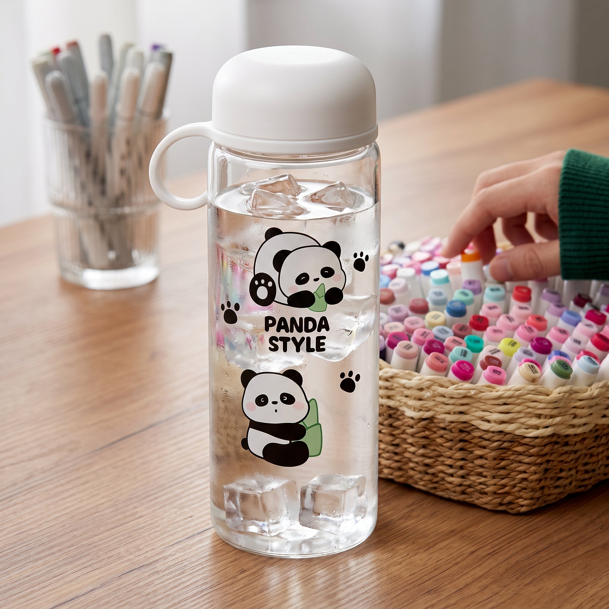 🐼 Light Pink Cute Panda Glass Water Bottle