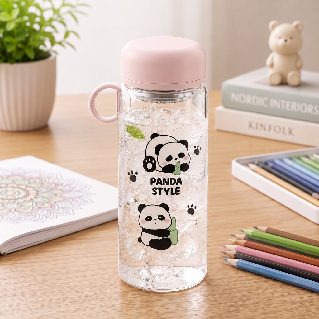 🐼 Light Pink Cute Panda Glass Water Bottle