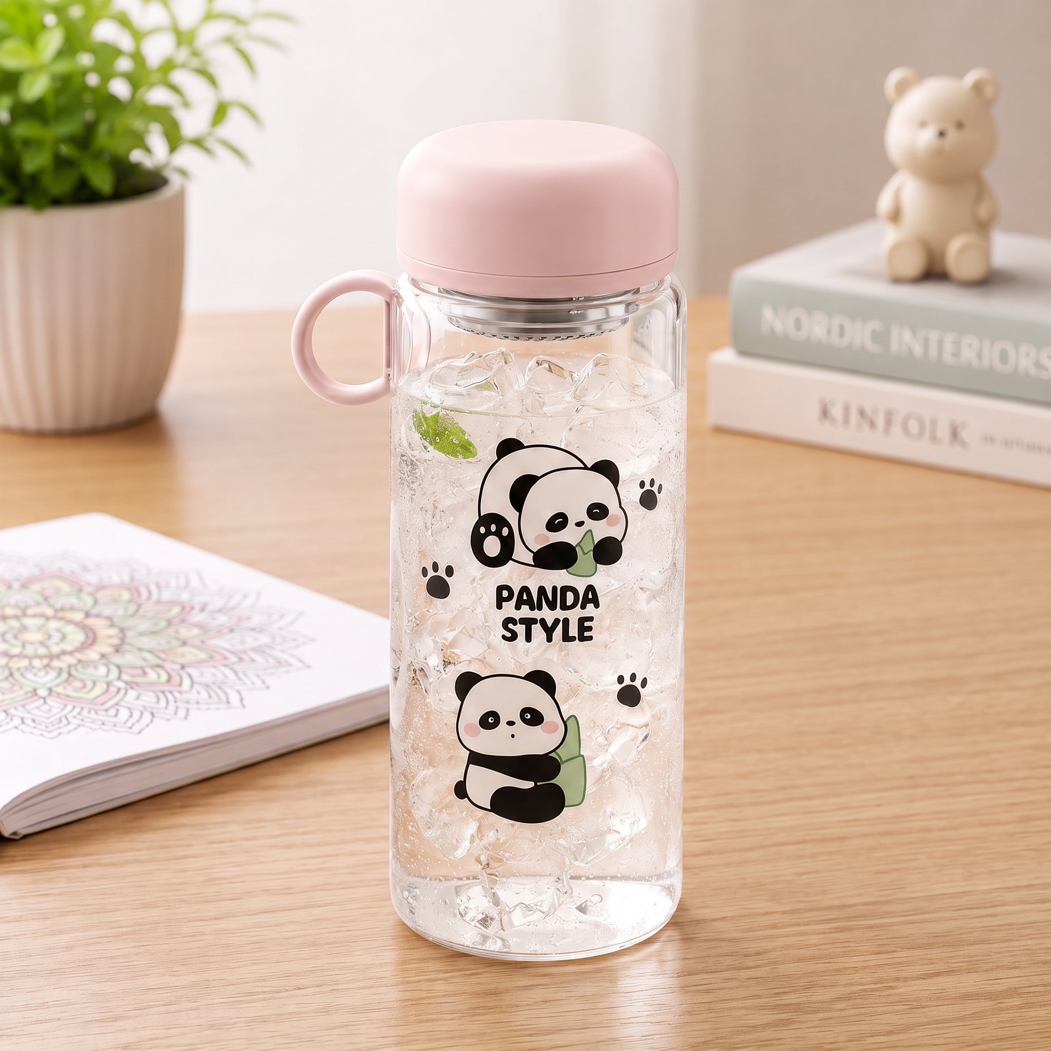 🐼 Light Pink Cute Panda Glass Water Bottle