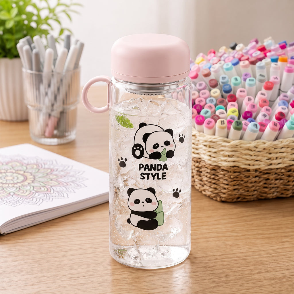 🐼 Light Pink Cute Panda Glass Water Bottle