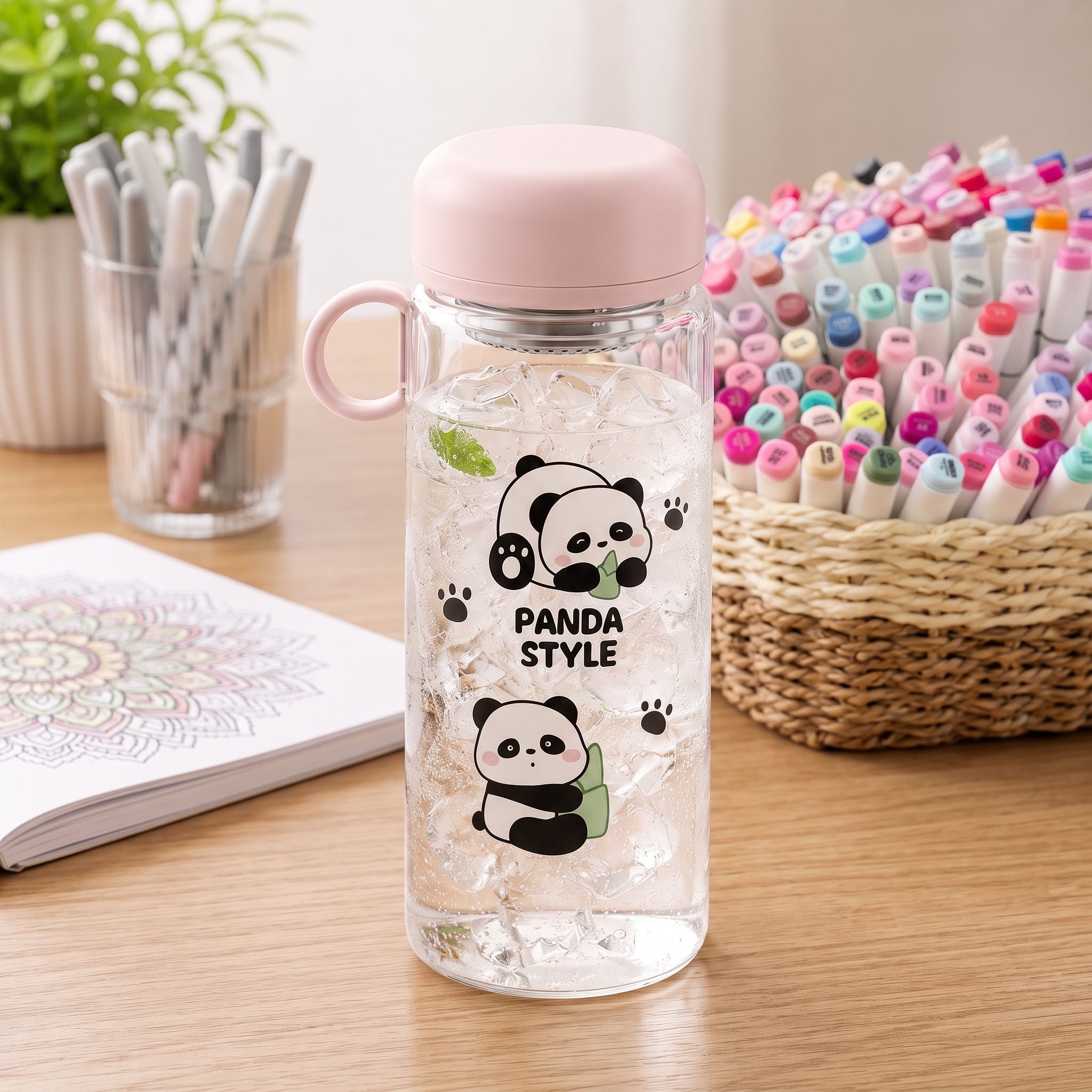 🐼 Light Pink Cute Panda Glass Water Bottle
