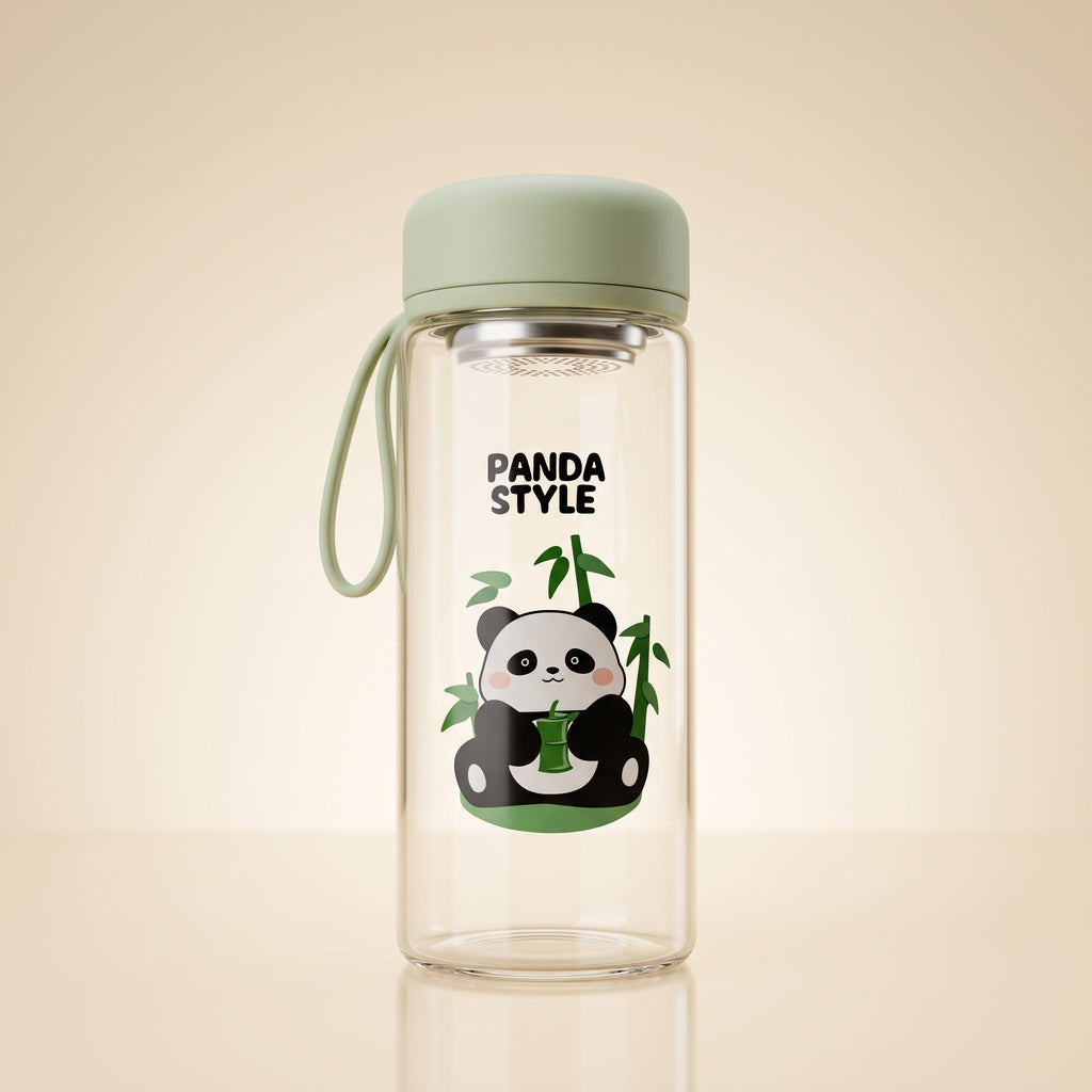 🐼 Green Cute Panda Glass Water Bottle with Tea Infuser – Leakproof Reusable Drinking Bottle