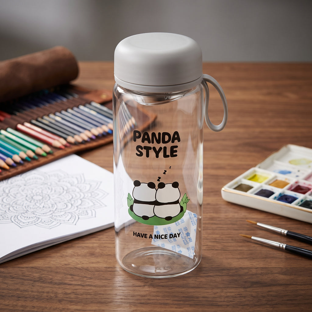 🐼 Grey Cute Panda Glass Water Bottle with Tea Infuser – Grey Leakproof Reusable Bottle