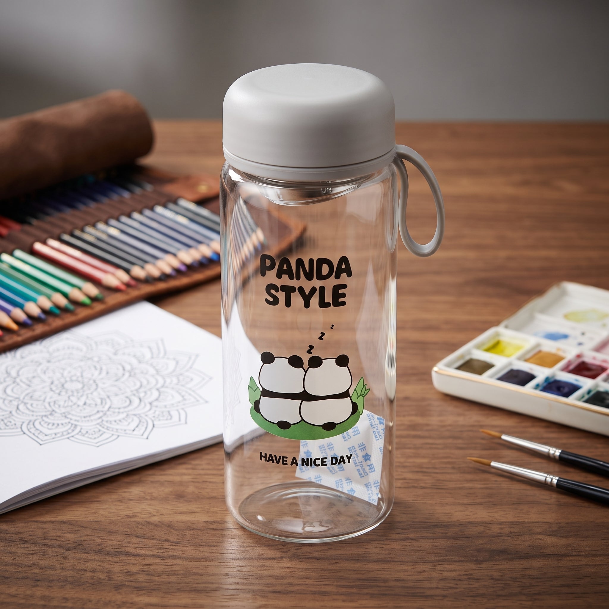 🐼 Grey Cute Panda Glass Water Bottle with Tea Infuser – Grey Leakproof Reusable Bottle