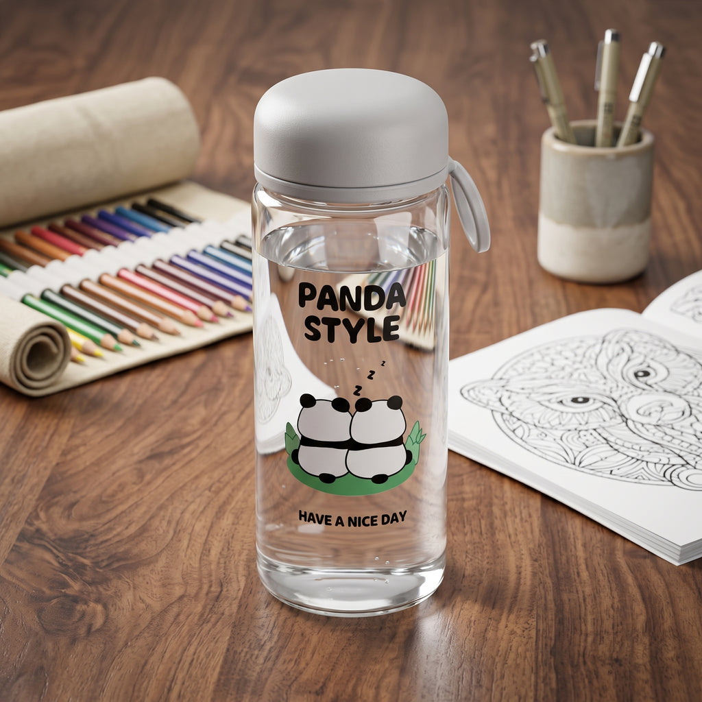 🐼 Grey Cute Panda Glass Water Bottle with Tea Infuser – Grey Leakproof Reusable Bottle
