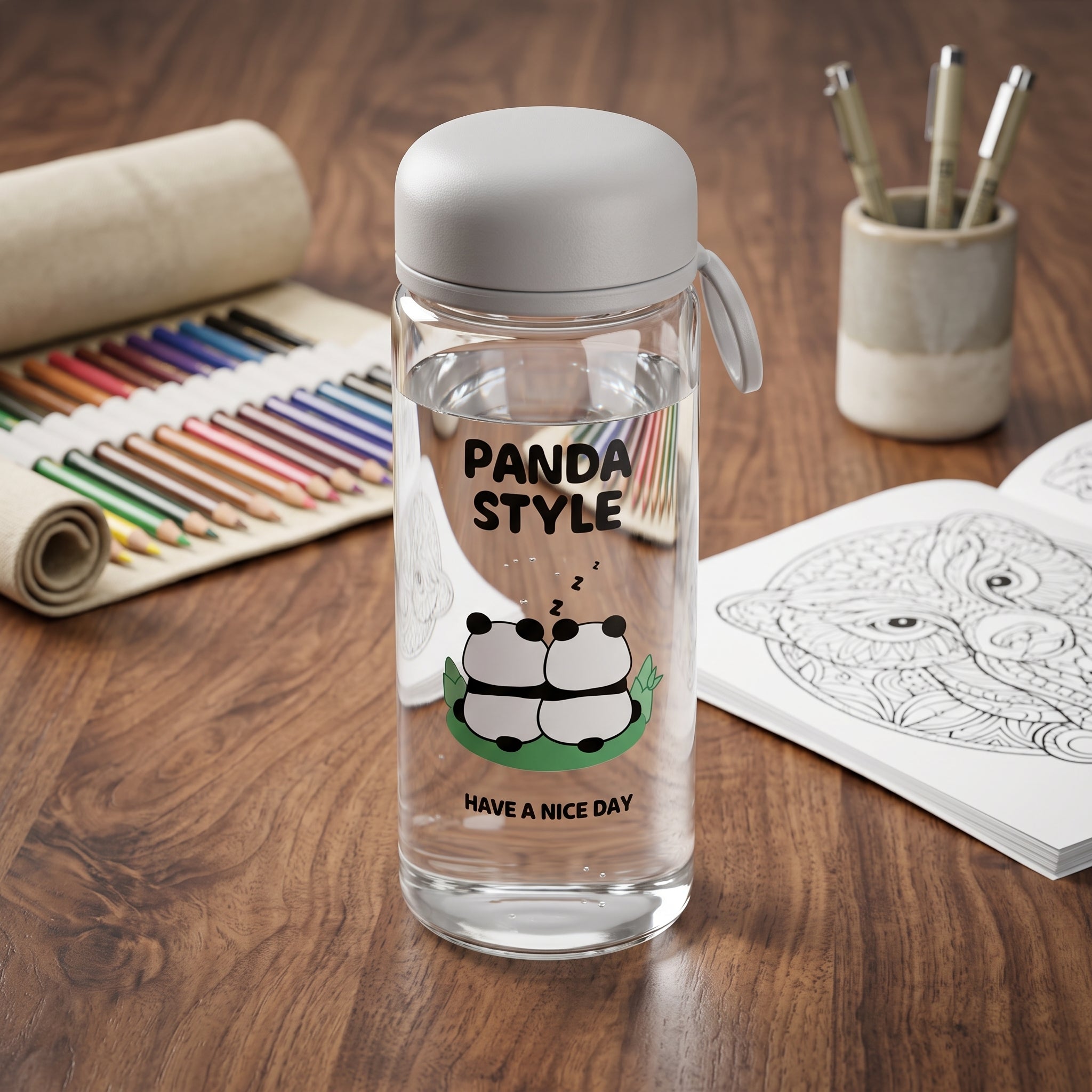 🐼 Grey Cute Panda Glass Water Bottle with Tea Infuser – Grey Leakproof Reusable Bottle