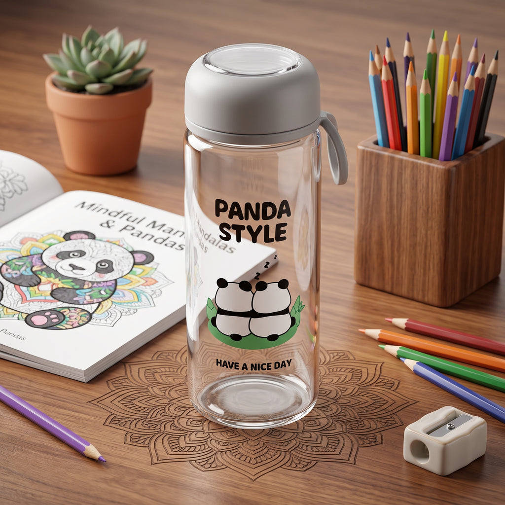 🐼 Grey Cute Panda Glass Water Bottle with Tea Infuser – Grey Leakproof Reusable Bottle