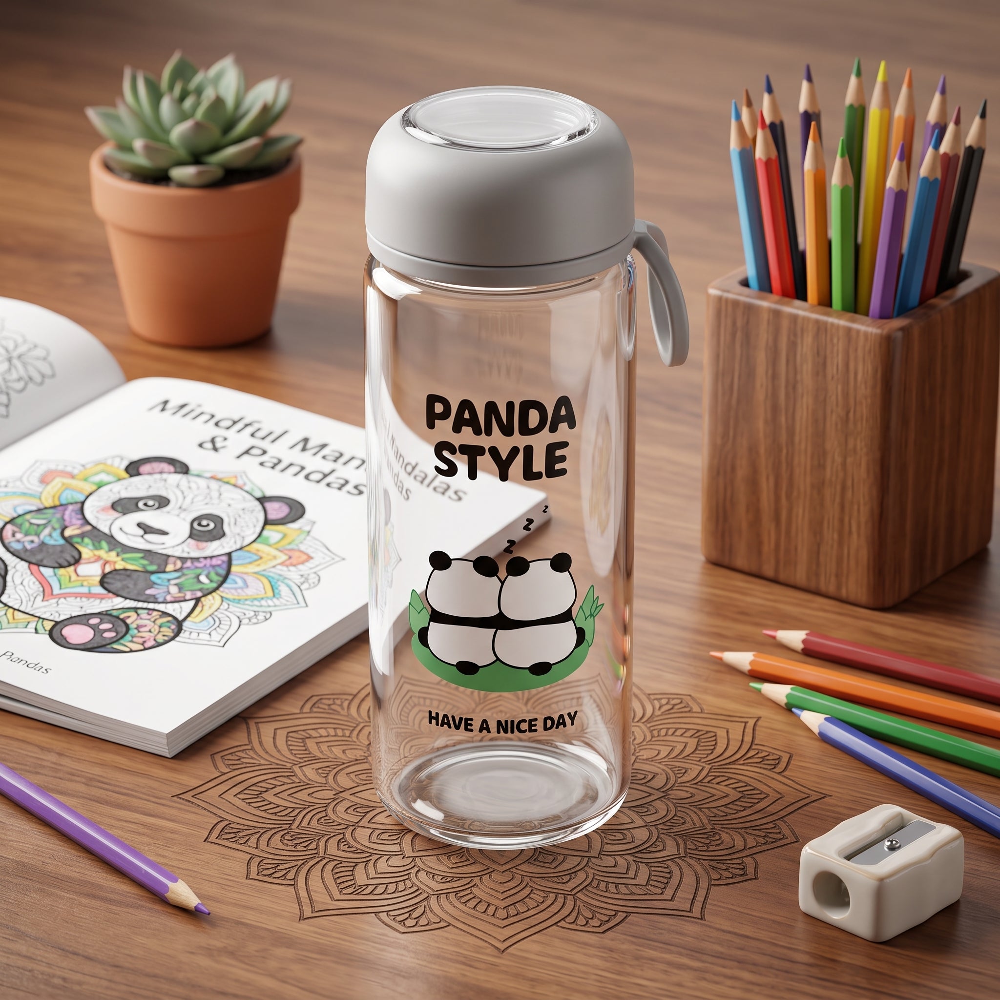 🐼 Grey Cute Panda Glass Water Bottle with Tea Infuser – Grey Leakproof Reusable Bottle
