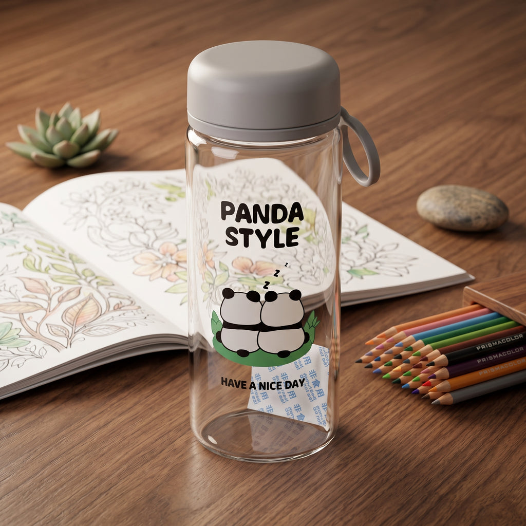 🐼 Grey Cute Panda Glass Water Bottle with Tea Infuser – Grey Leakproof Reusable Bottle