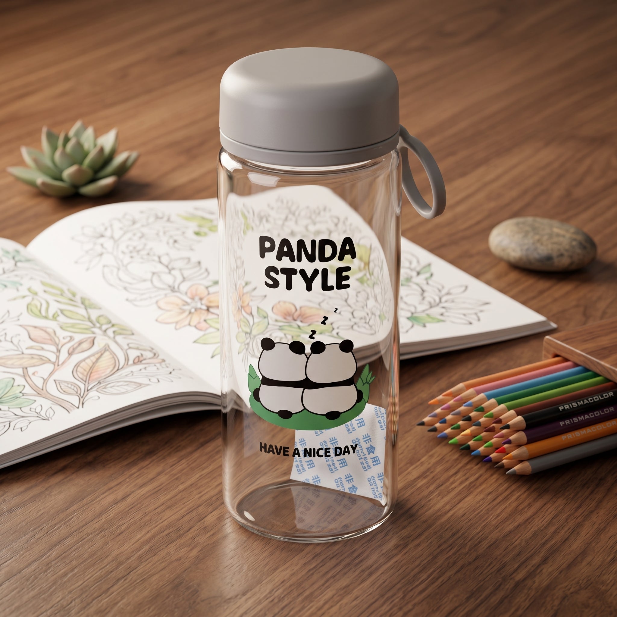 🐼 Grey Cute Panda Glass Water Bottle with Tea Infuser – Grey Leakproof Reusable Bottle