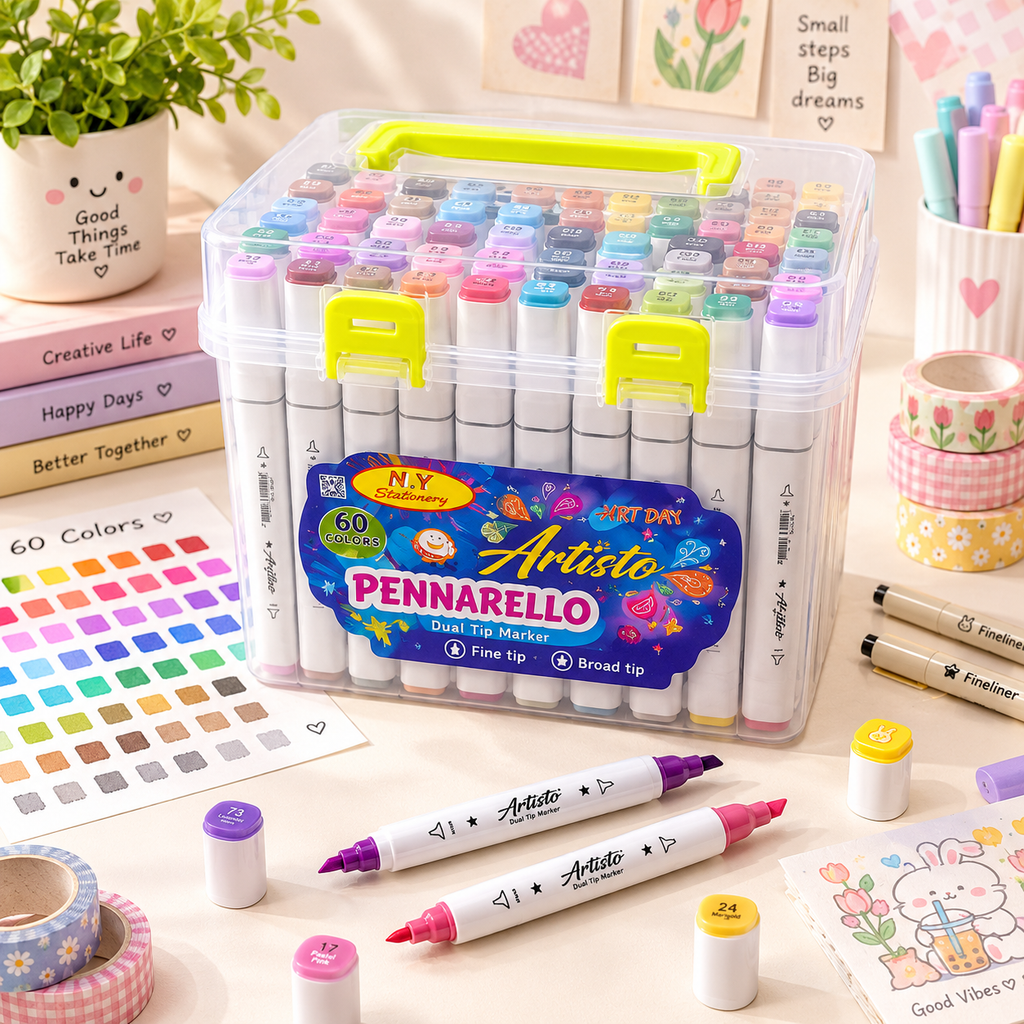 🎨 🖍️ 60 Alcohol-Based Dual-Tip Markers — TRANSPARENT BOX