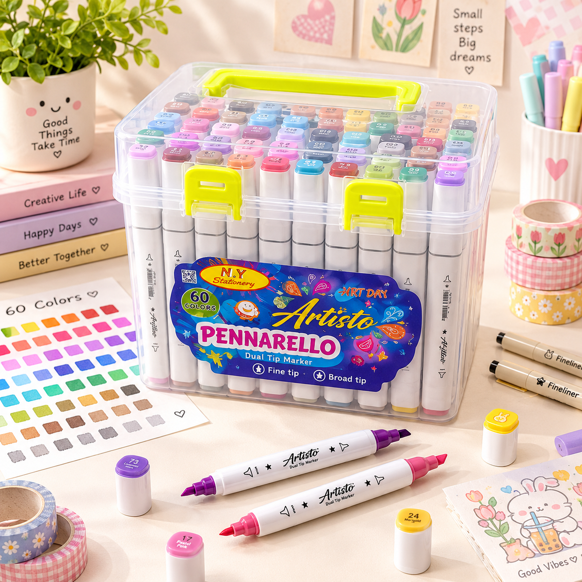 🎨 🖍️ 60 Alcohol-Based Dual-Tip Markers — TRANSPARENT BOX