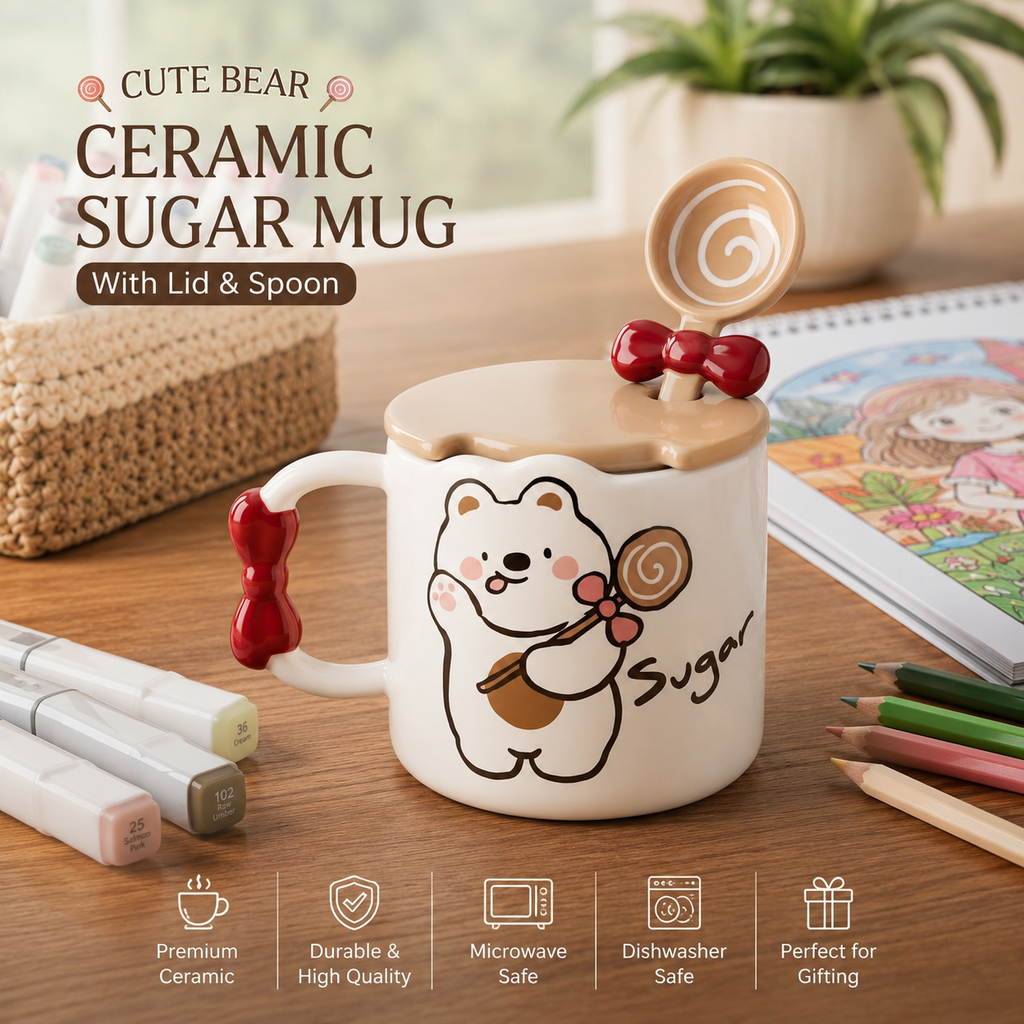 🧸 Beige Cute Bear Ceramic Coffee Mug with Lid & Spoon – Premium Microwave & Dishwasher Safe Coffee Cup Gift