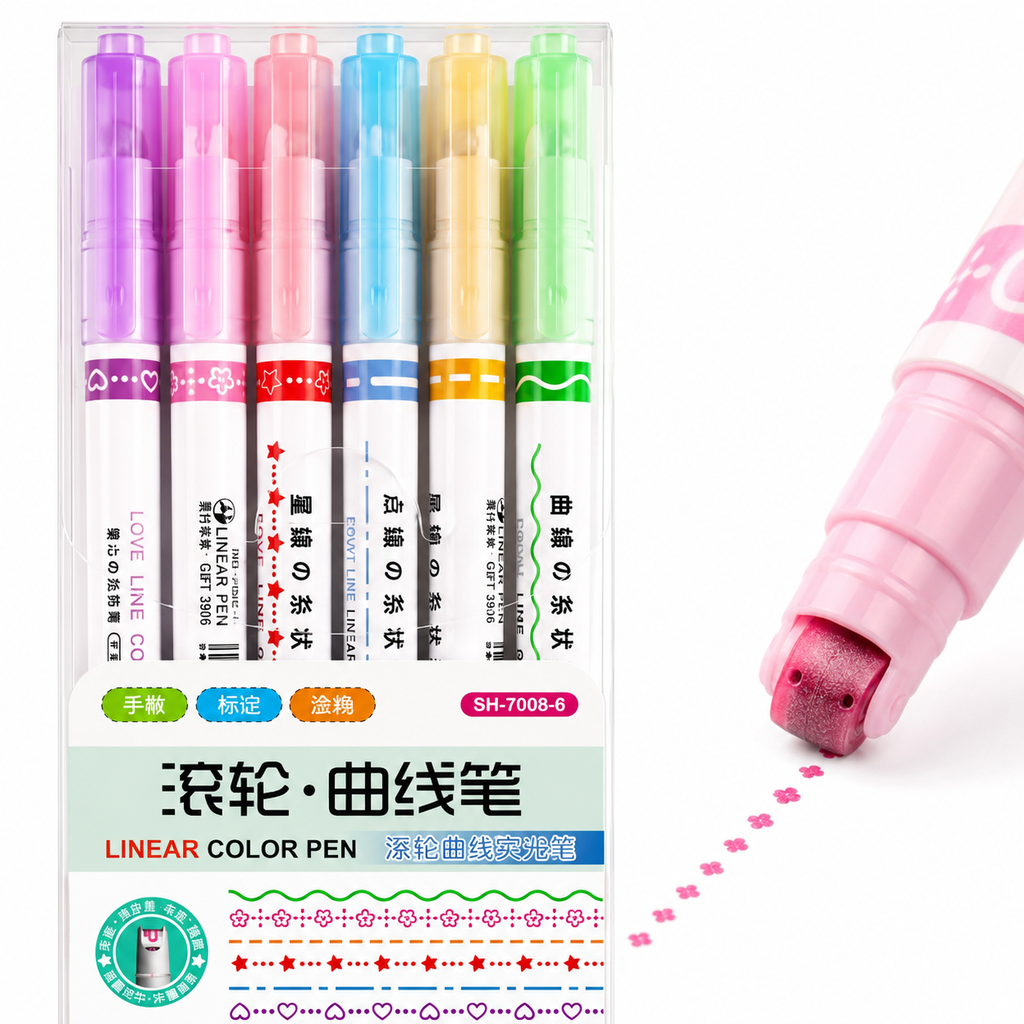 🎨 6Pcs/Set Flower Shape Outline Pens Highlighter Marker Curve Roller Tip Pen Cute Stationery Kawaii Graffiti School Acsesories