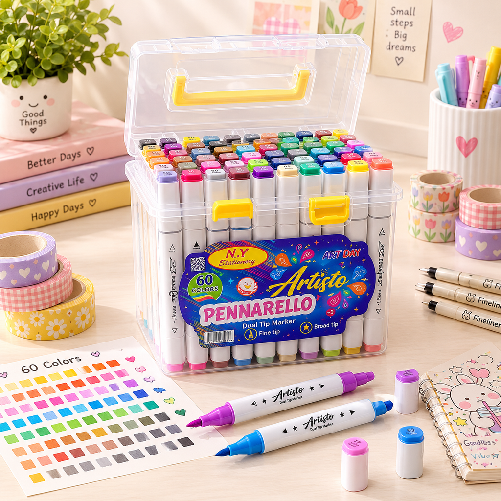 🎨 🖍️ 60 Alcohol-Based Dual-Tip Markers — TRANSPARENT BOX