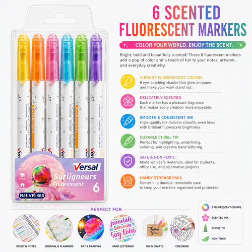 6-Piece Scented Fluorescent Highlighter Marker Set – Colorful Neon Chisel Tip Markers for Studying, Journaling, Office & School