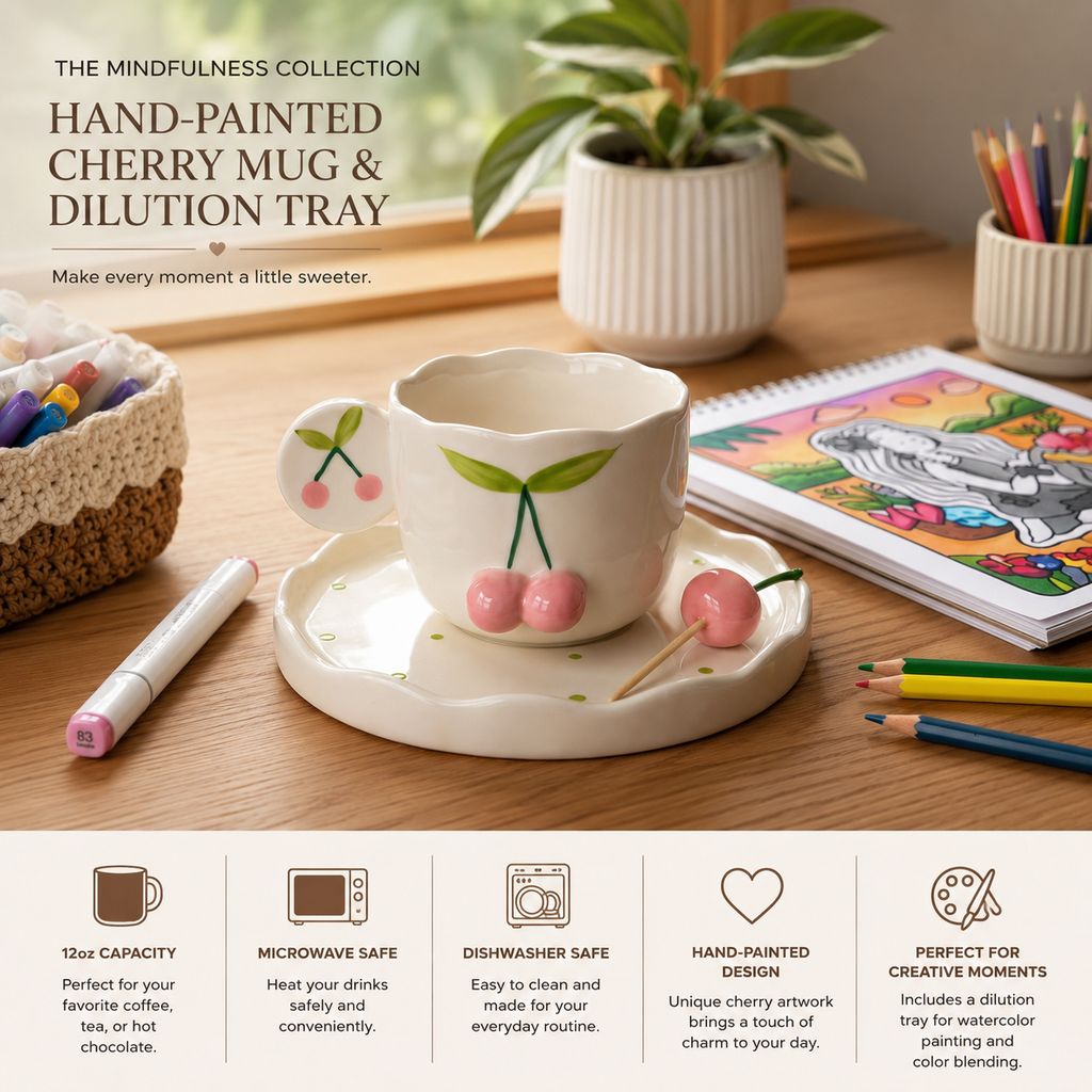 🍒 Hand-Painted Cherry Relief Ceramic Coffee Mug with Matching Tray – Microwave & Dishwasher Safe | Premium Cherry Mug Gift