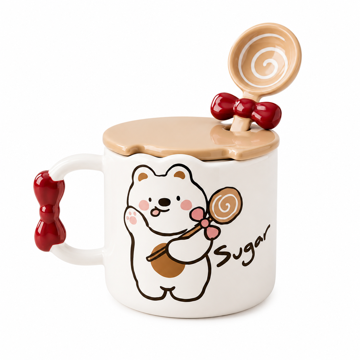 🧸 Beige Cute Bear Ceramic Coffee Mug with Lid & Spoon – Premium Microwave & Dishwasher Safe Coffee Cup Gift