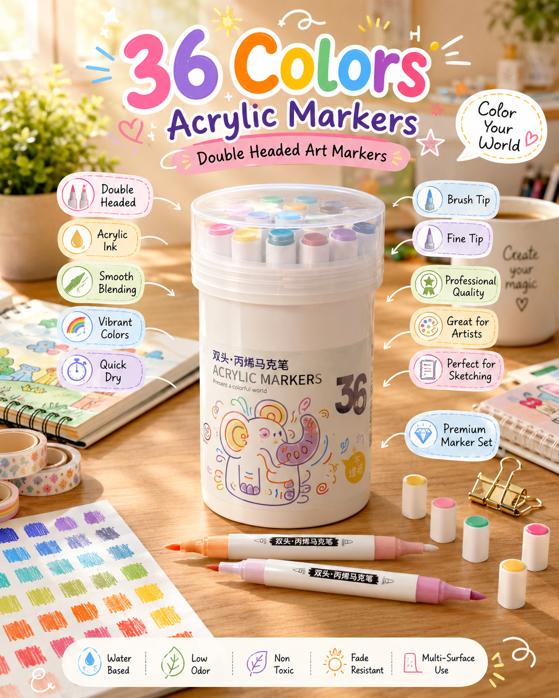 🎨 Marqueurs de Peinture Acrylique Professionnels 36 Couleurs, Pointe Fine et Pinceau Double, Convient pour la Pierre, le Bois, la Calligraphie