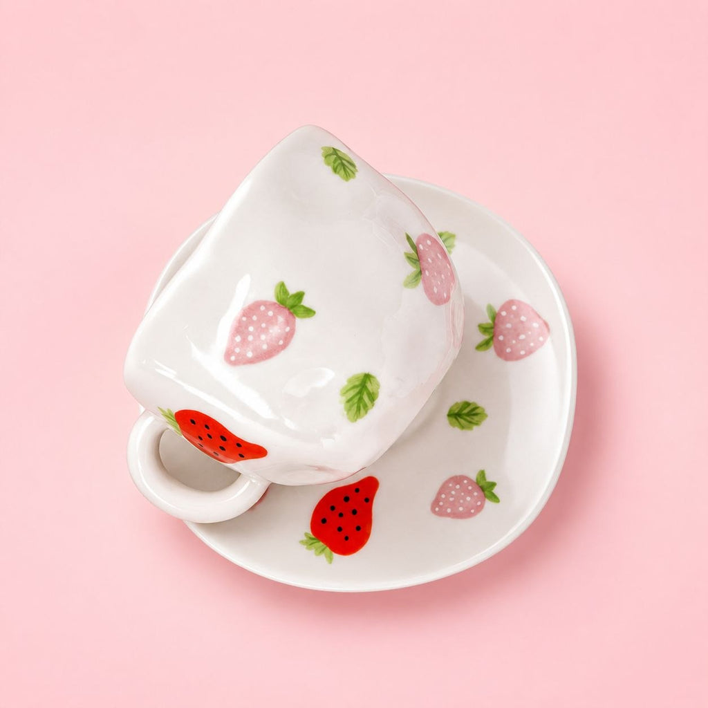 🍓☕ Strawberry Hot Chocolate Mug – Cute Ceramic Cup with Matching Saucer
